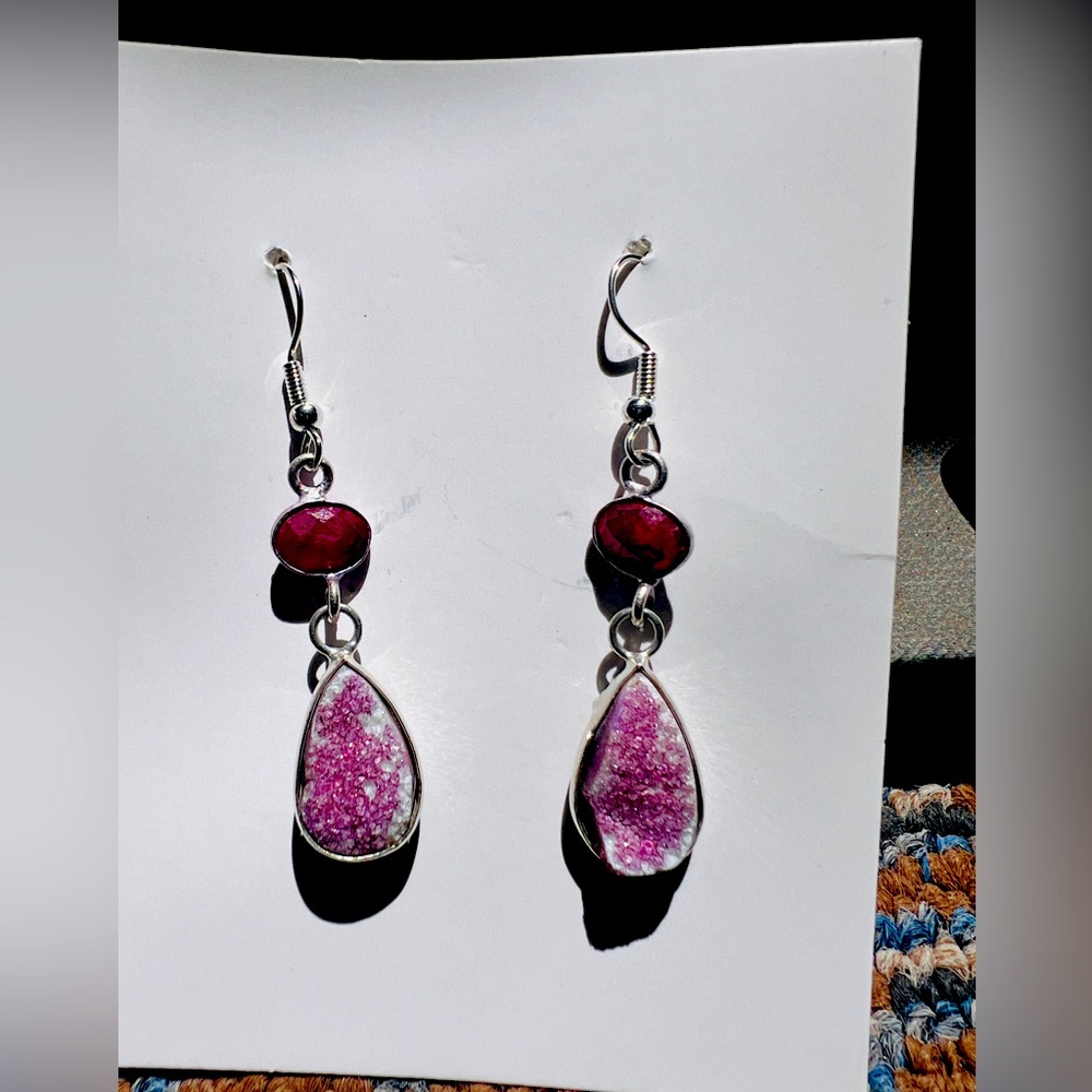 Silver plated PINK DRUZY stone earrings
